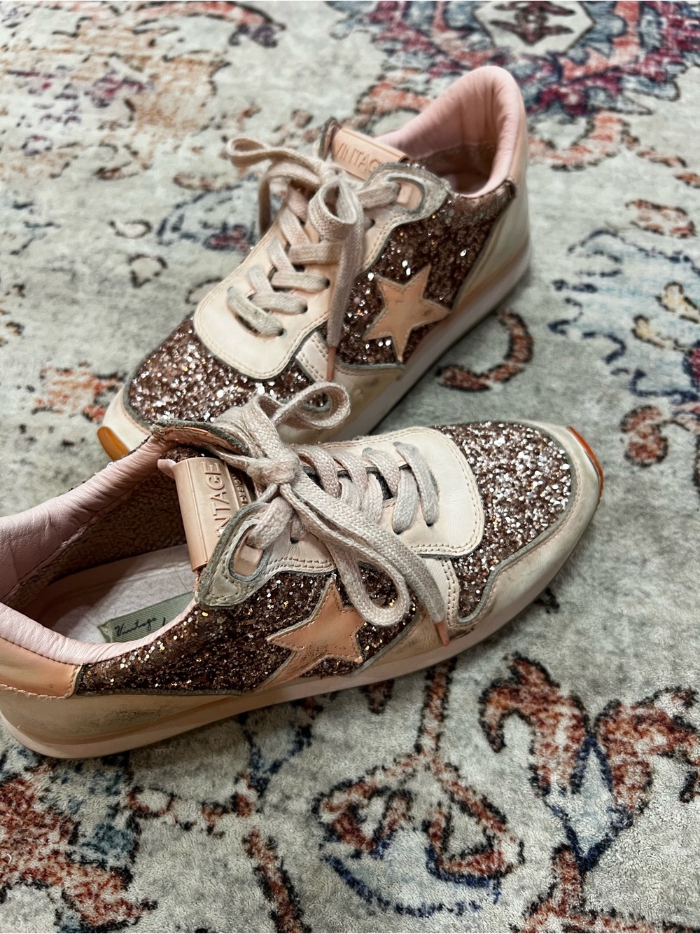 Vintage Havana Rose Gold Splendid Glitter Lace Up Star Sneakers. Size 6